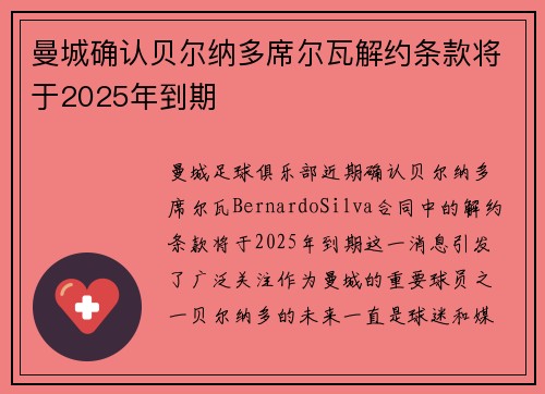 曼城确认贝尔纳多席尔瓦解约条款将于2025年到期 曼城确认贝尔纳多席尔瓦解约条款将于2025年到期