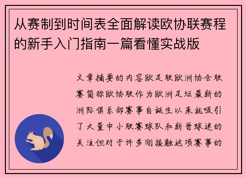 从赛制到时间表全面解读欧协联赛程的新手入门指南一篇看懂实战版